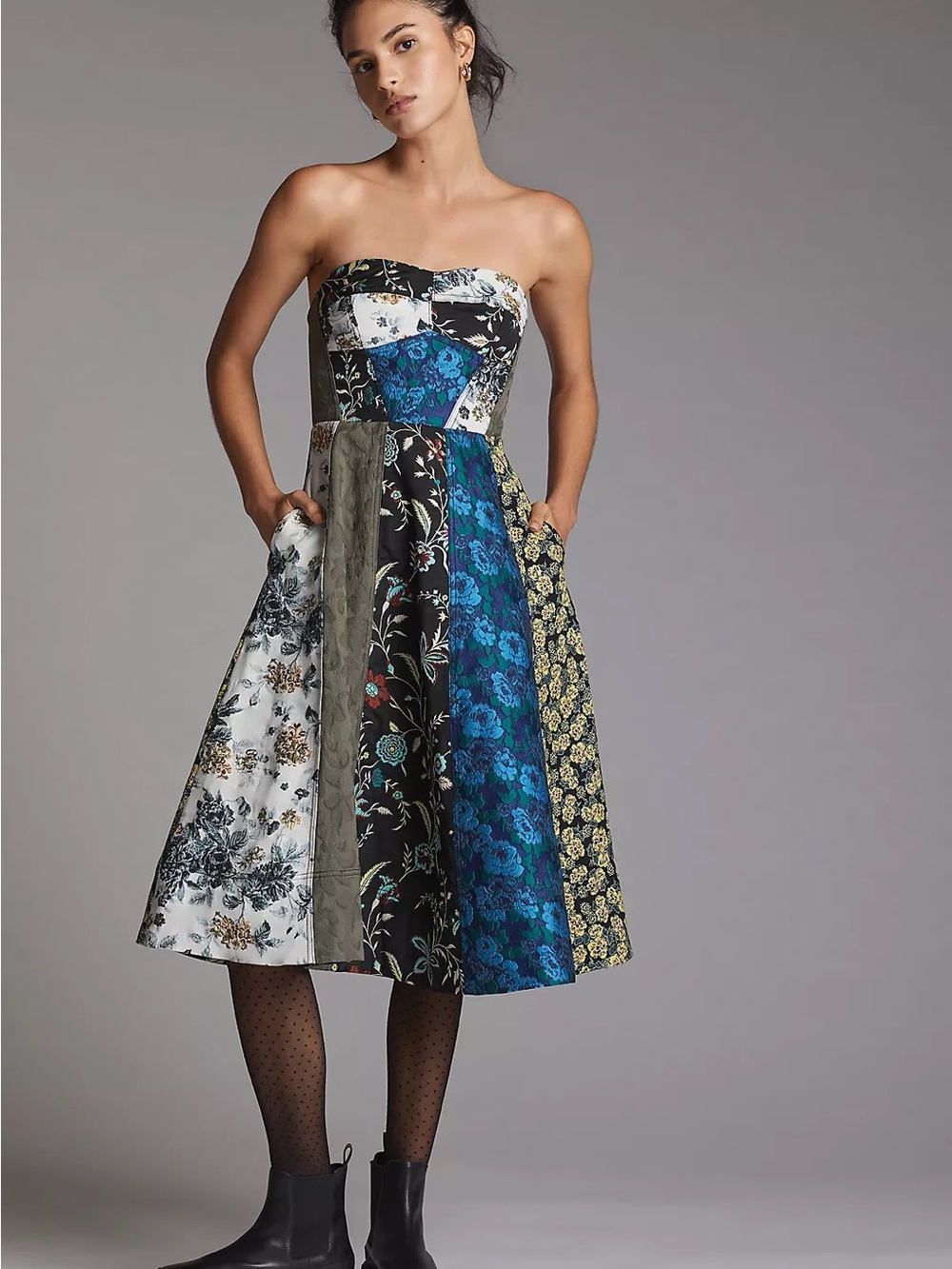 Anthropologie Strapless Patchwork Floral Midi Dress in Blue, Black & Olive